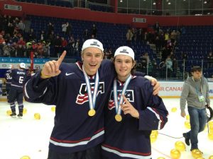 Riley Barber (right) poses with teammate Sean Kuraly after winning the IIHF 2013 World Junior Championship. (Journal-News)
