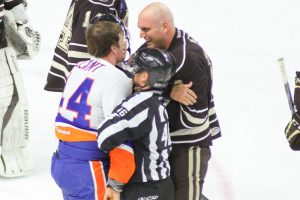 Bridgeport, CT - Patrick Wellar smiles after his fight with Brett Gallant during Hershey's win over the Sound Tigers (Kyle Mace / Sweetest Hockey on Earth)