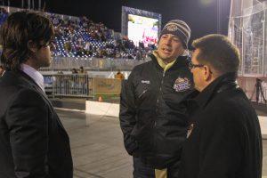 HERSHEY, PA - Washington Capitals defenseman Mike Green (left) speaks with former teammate Louis Robitaille and Hershey Bears GM Doug Yingst at the 2013 AHL Outdoor Classic (Kyle Mace - Sweetest Hockey on Earth)