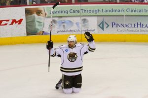 HERSHEY, PA - Brandon Segal celebrates his first goal of the night (Tim Stough / Sweetest Hockey on Earth) 