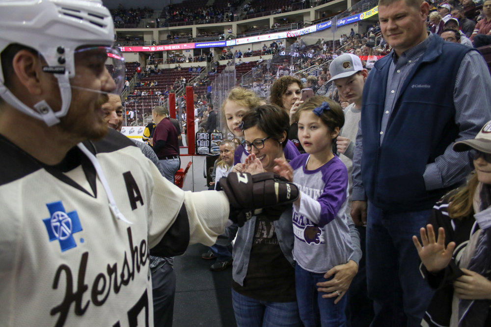 Bears Forward Chris Bourque Greets Kennedy With A Fist Bump At The End Of Warm-ups.