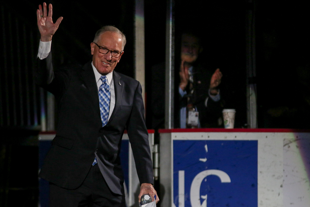 Doc Emrick Waves To The Crowd As He Is Introduced