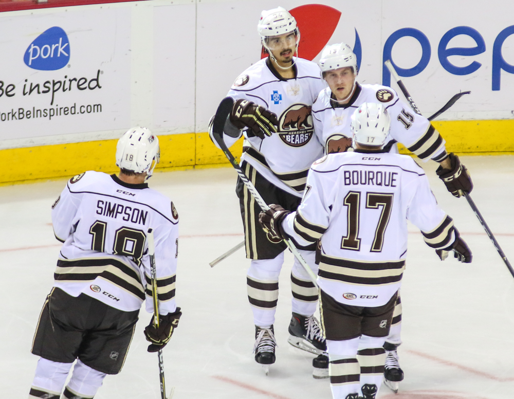 Bears Players Celebrate Jonas Siegenthaler's First AHL Goal.