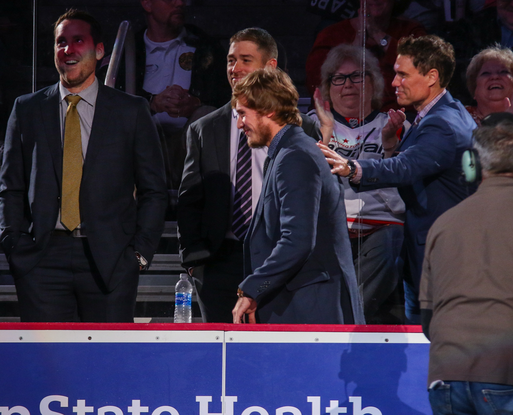 Vanecek And The Bears Staff Share A Laugh After Vitek Started To Stand In The Wrong Position On The Hershey Bench.