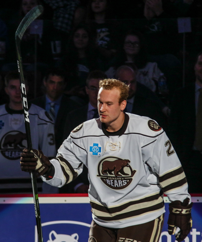 Tyler Lewington Raises His Stick As He Is Announced During The Bears Opening Night Ceremony