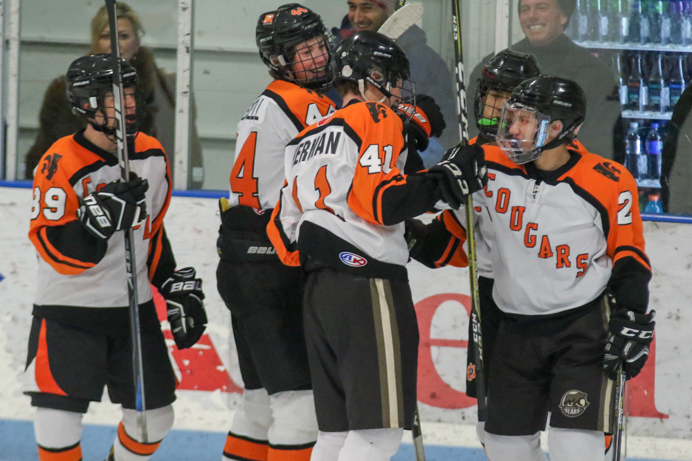 Jake Herman Is Joined By Teammates To Celebrate His Game-tying Goal In The Second Period